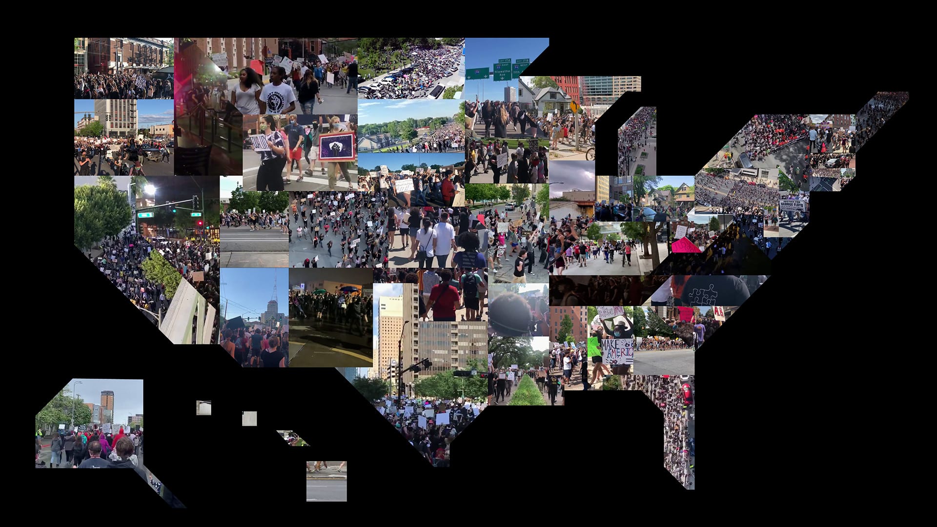 A styled map of the United States with images of protests embedded within each state