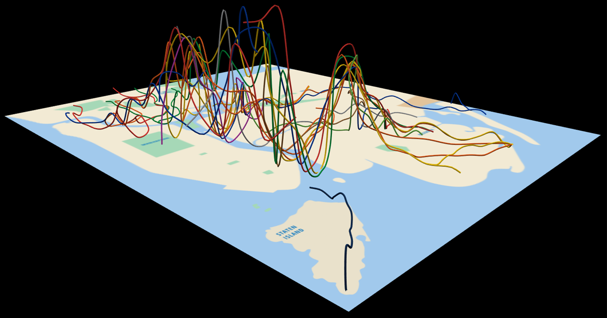 A map of the New York City subway rotated in 3D with its subway lines raised off of the map