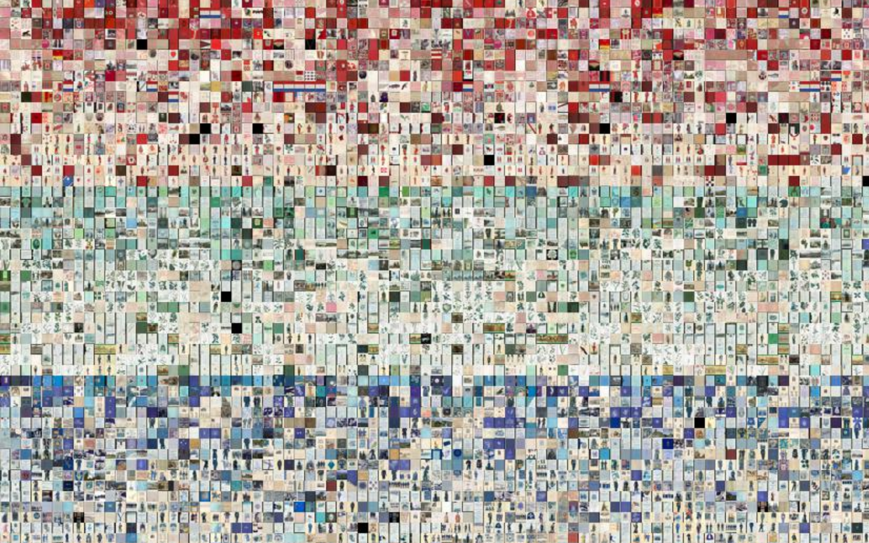 A grid of hundreds of small thumbnail photos in three bands of colors