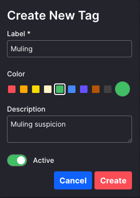 Creating a new tag with a label, color, and description