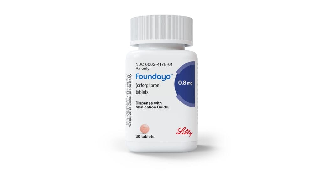 Botol dan tablet Foundayo (orforglipron) dari Eli Lilly