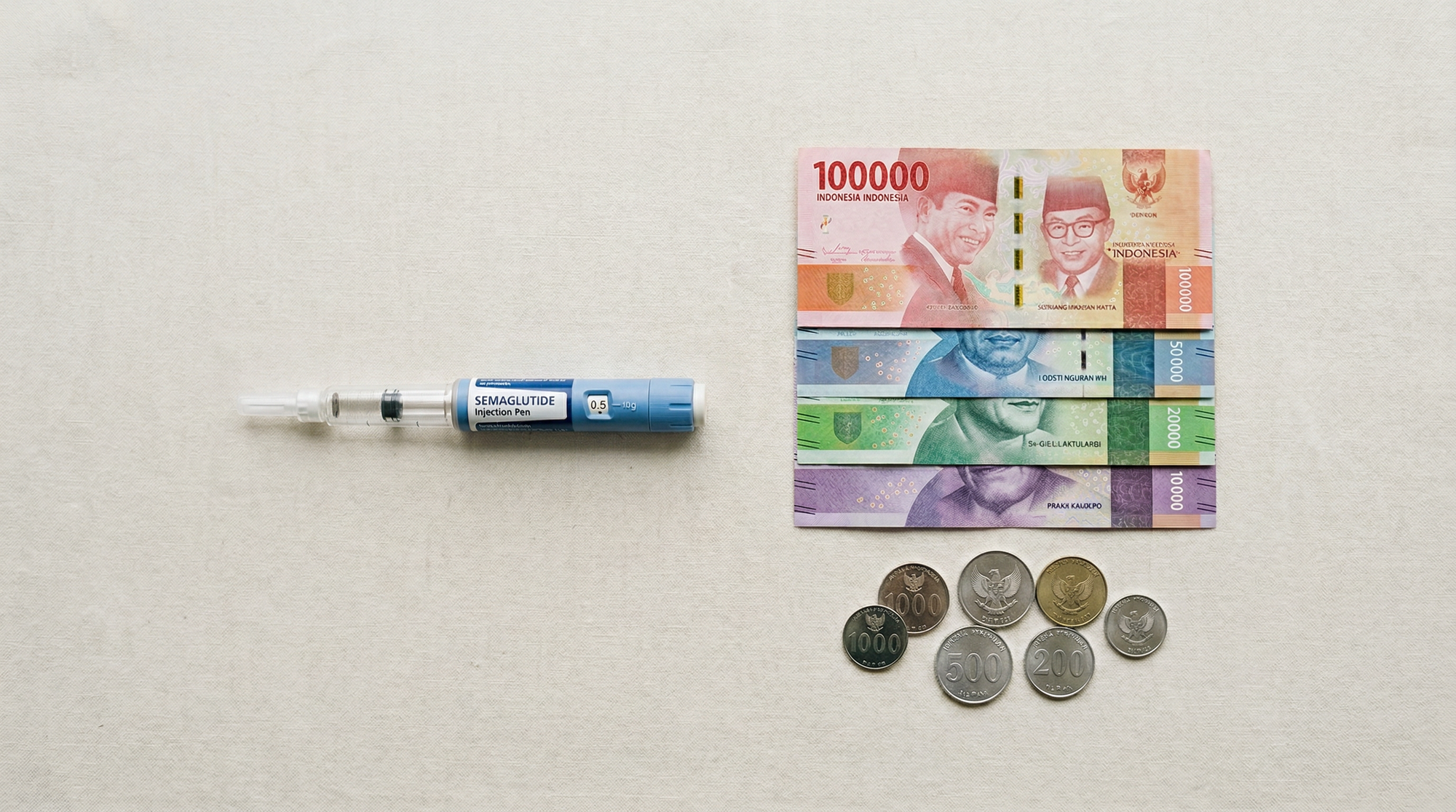 Pen injeksi GLP-1 dan uang Rupiah Indonesia menggambarkan biaya pengobatan Ozempic di Indonesia