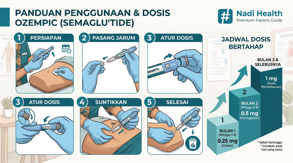 Panduan dosis dan cara injeksi Ozempic step by step dengan diagram lokasi suntik