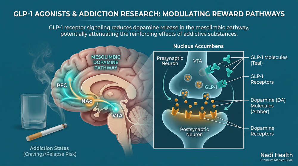 Infografis mekanisme GLP-1 receptor agonist dalam mengurangi kecanduan alkohol di otak