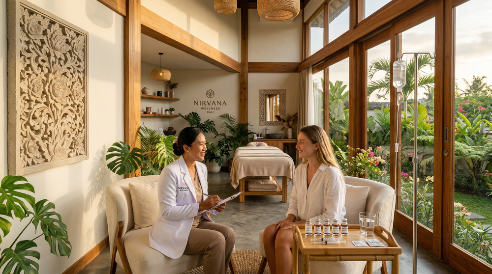 Klinik wellness modern di Bali Indonesia dengan vial peptida dan pemandangan tropis