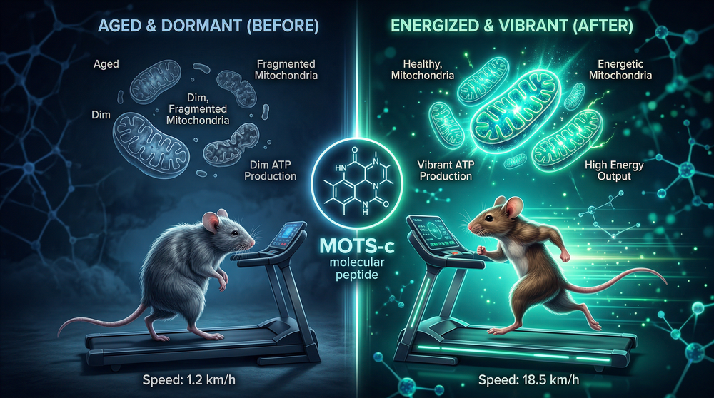 Ilustrasi split sebelum-sesudah mitokondria tua vs muda dengan tikus berlari di tengah