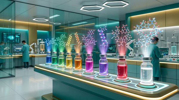 Laboratorium farmasi futuristik dengan vial peptida berwarna-warni dan struktur molekuler holografik