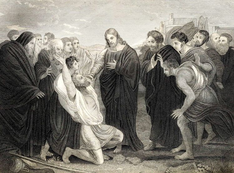 Jesus heals a man with leprosy. 