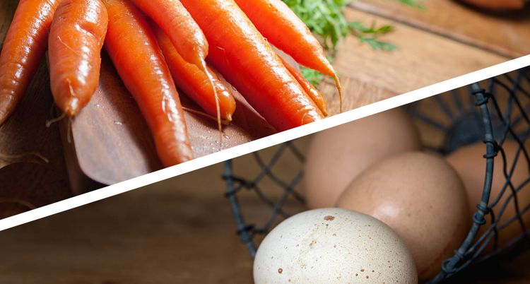 A angular split picture of a bundle of carrots on one side and four eggs on the other.