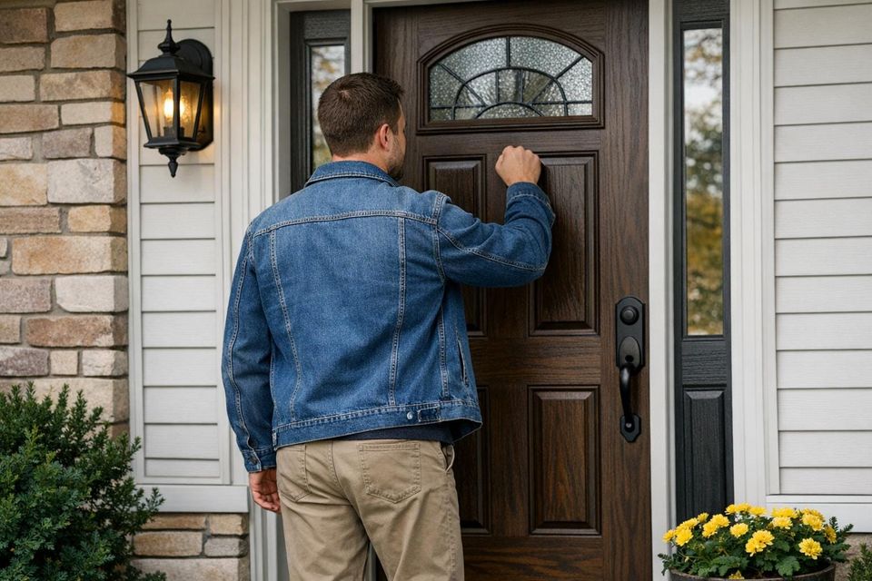 A man wearing a jean jacket is knocking on the door of a house.
