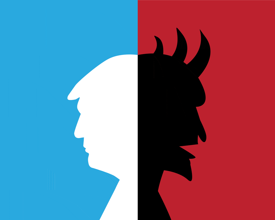 A artsy image of a silhouette of trump on the left and satan on the right. 