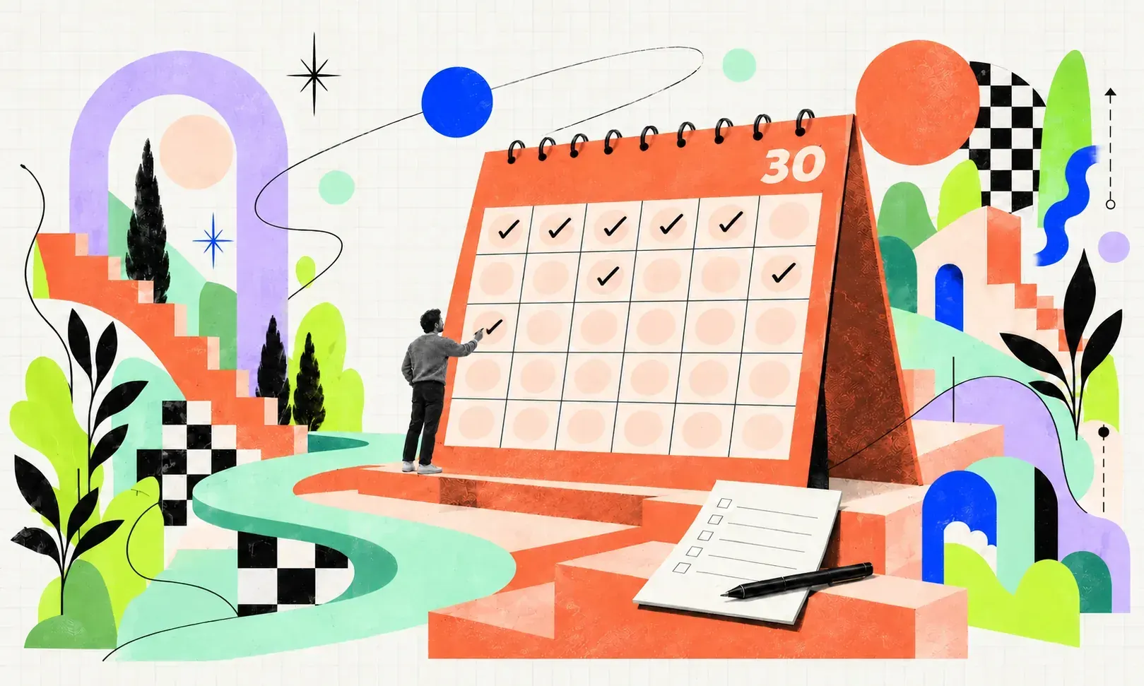 A man marks a day on a large coral calendar beside a short checklist and pen.