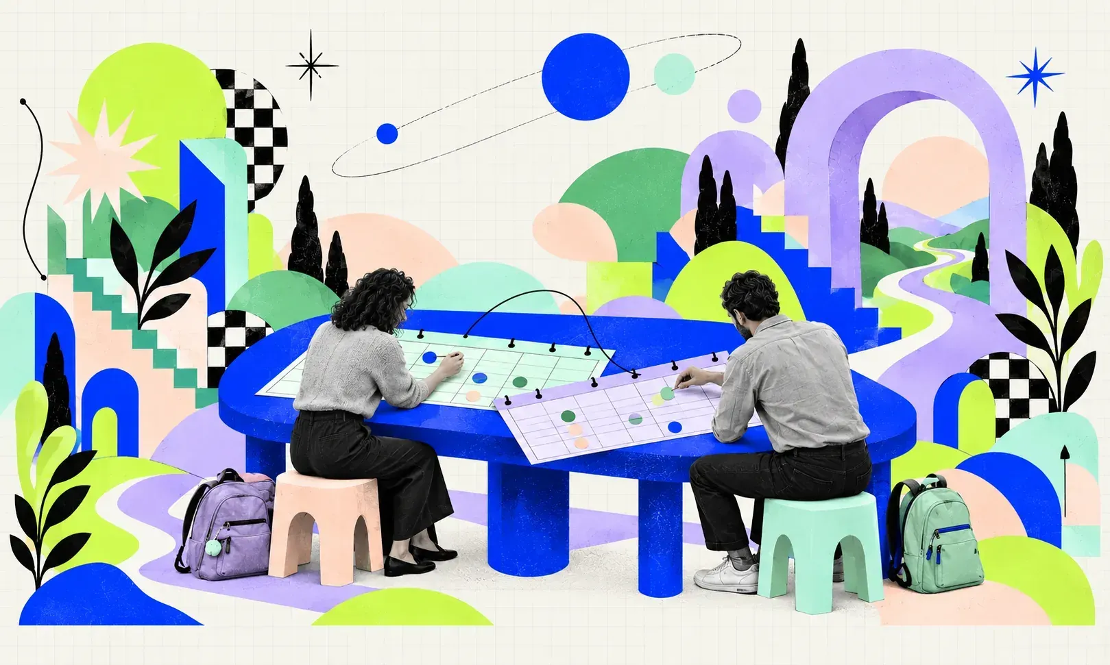 Two adults compare separate mint and lilac parenting schedules on an oversized cobalt table, with two backpacks and a stool for each child.