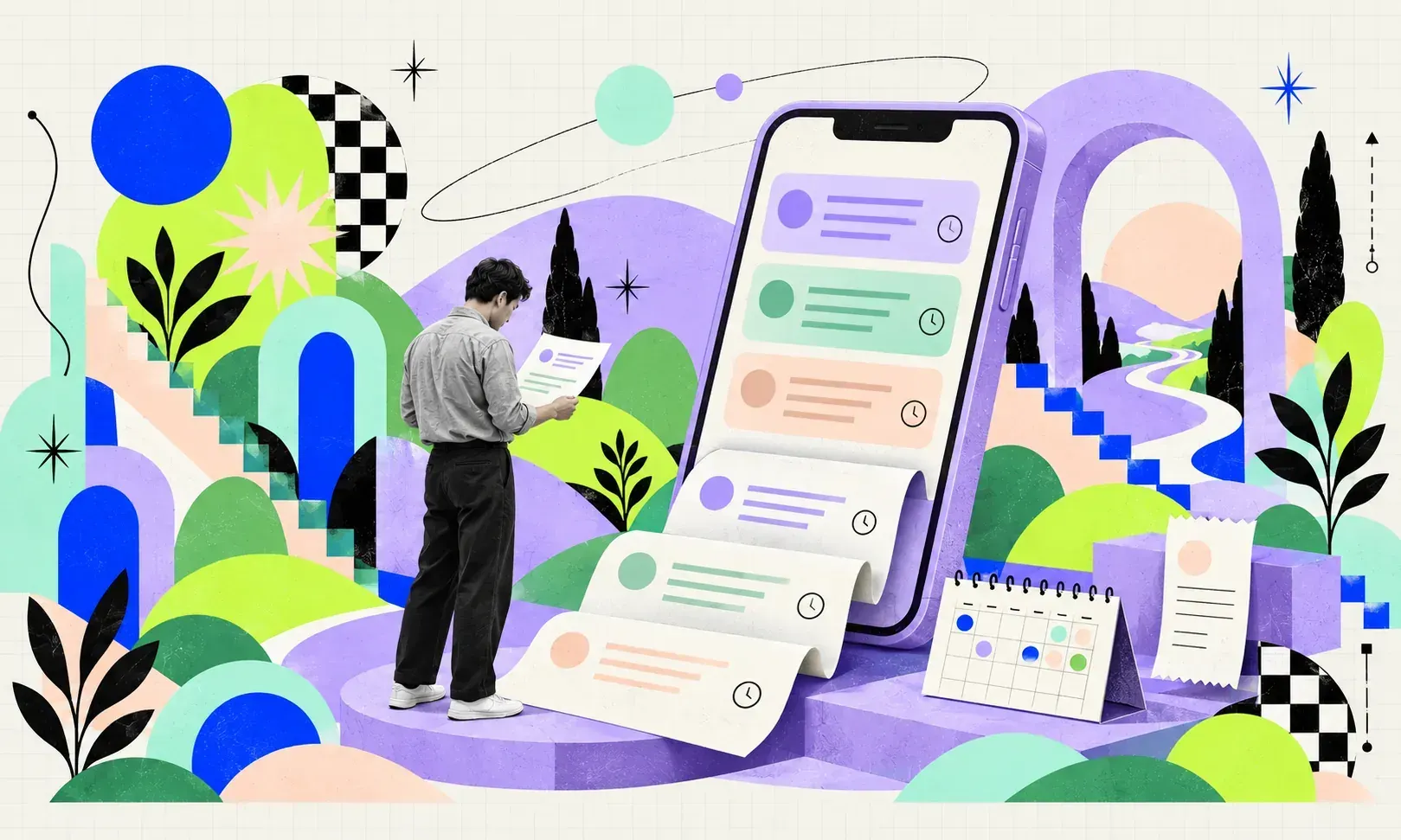 A man reviews a paper record beside a lilac phone showing timestamped message rows and a small calendar.