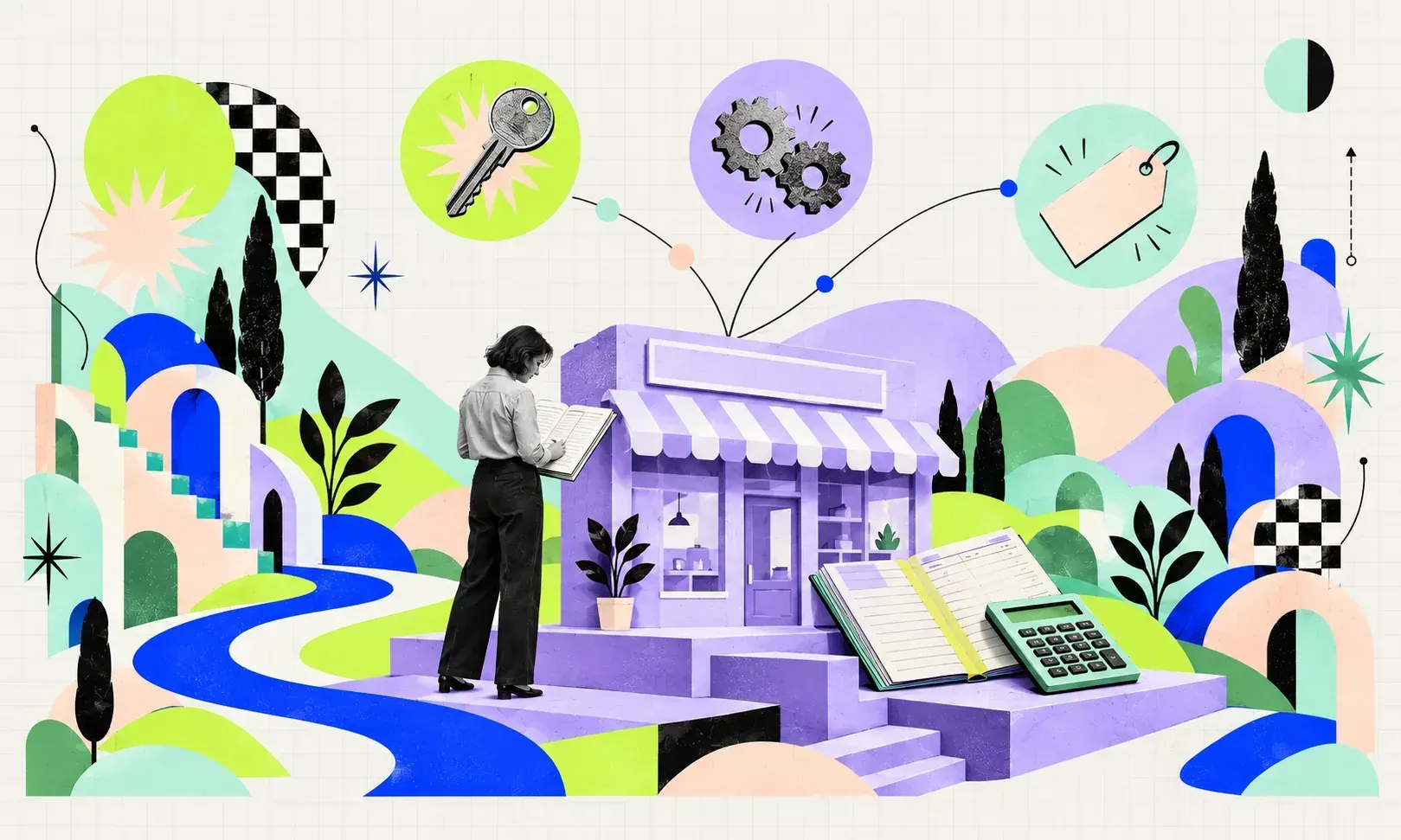 A woman reviews a valuation page beside a lilac shopfront with three possible routes shown by a key, gears and a sale tag.