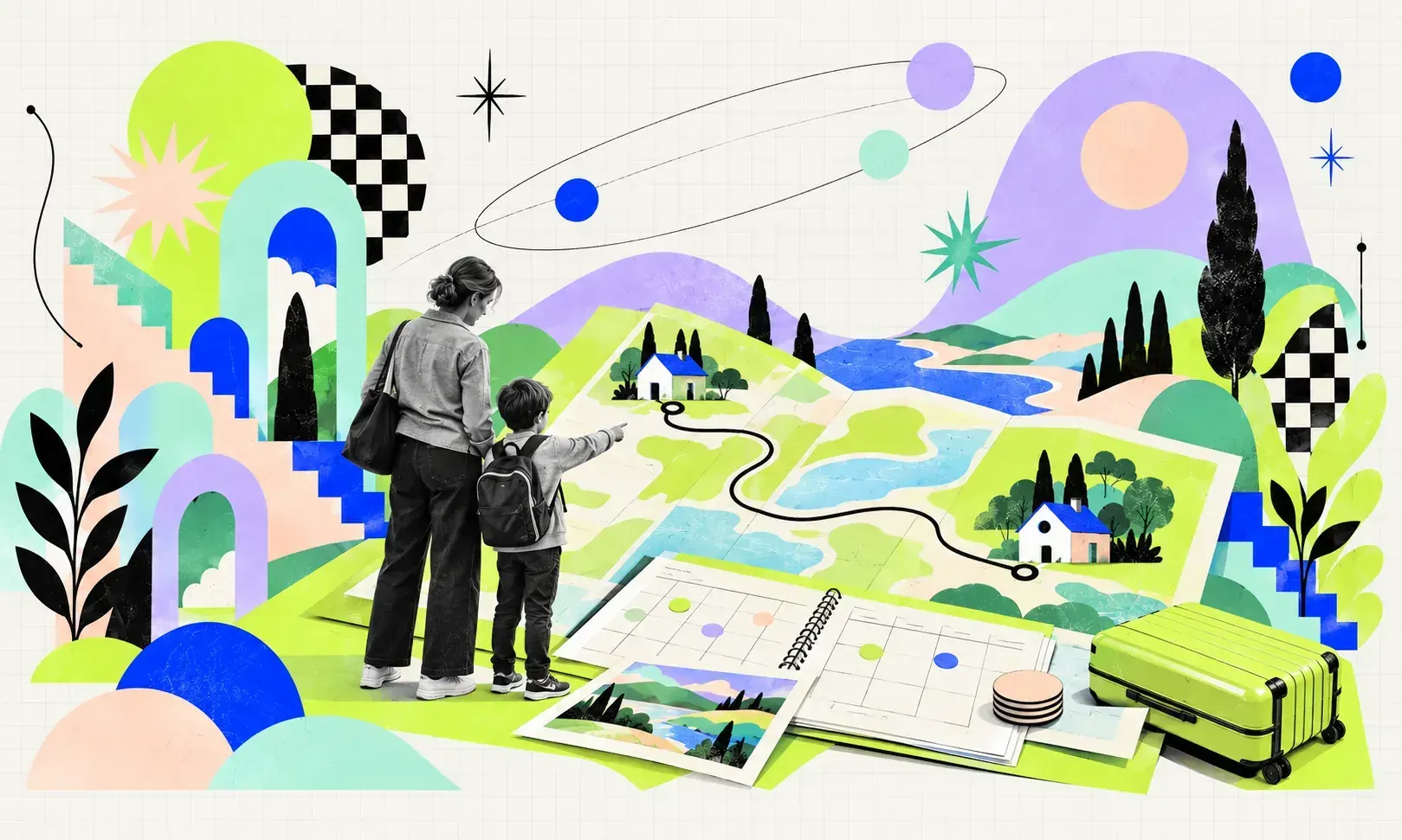 A woman and a boy look over a lime-edged relocation map and written plan beside a closed suitcase and a proposed schedule.