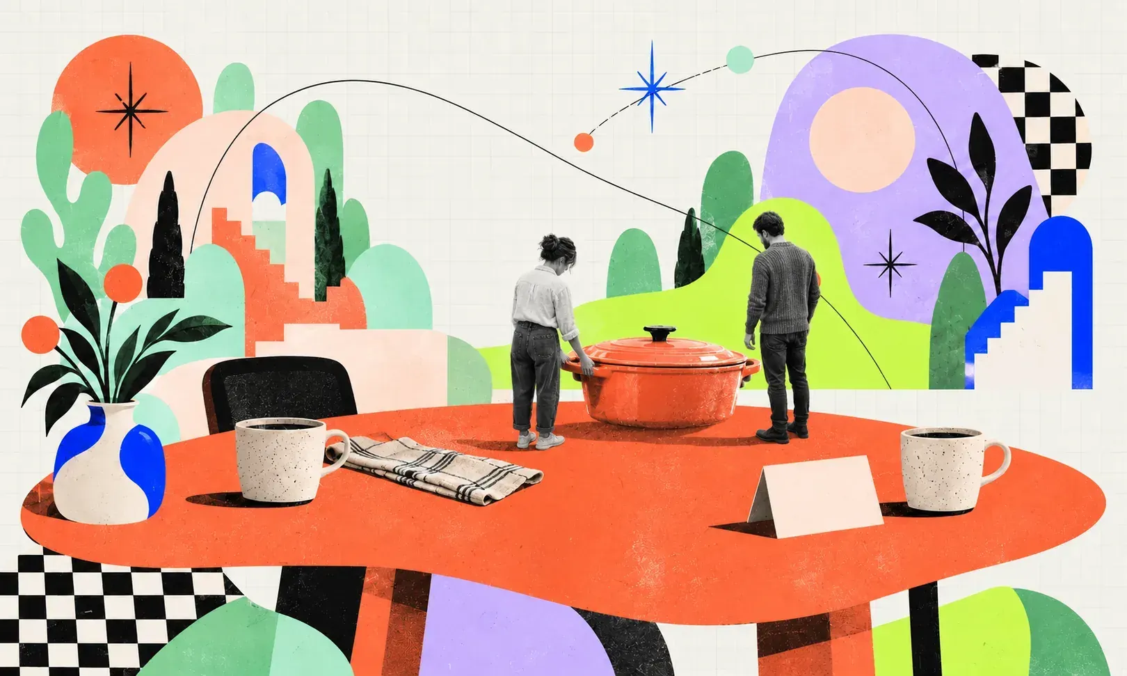 Two people stand either side of a coral table holding a casserole pot, with two mugs and a folded tea towel between them.