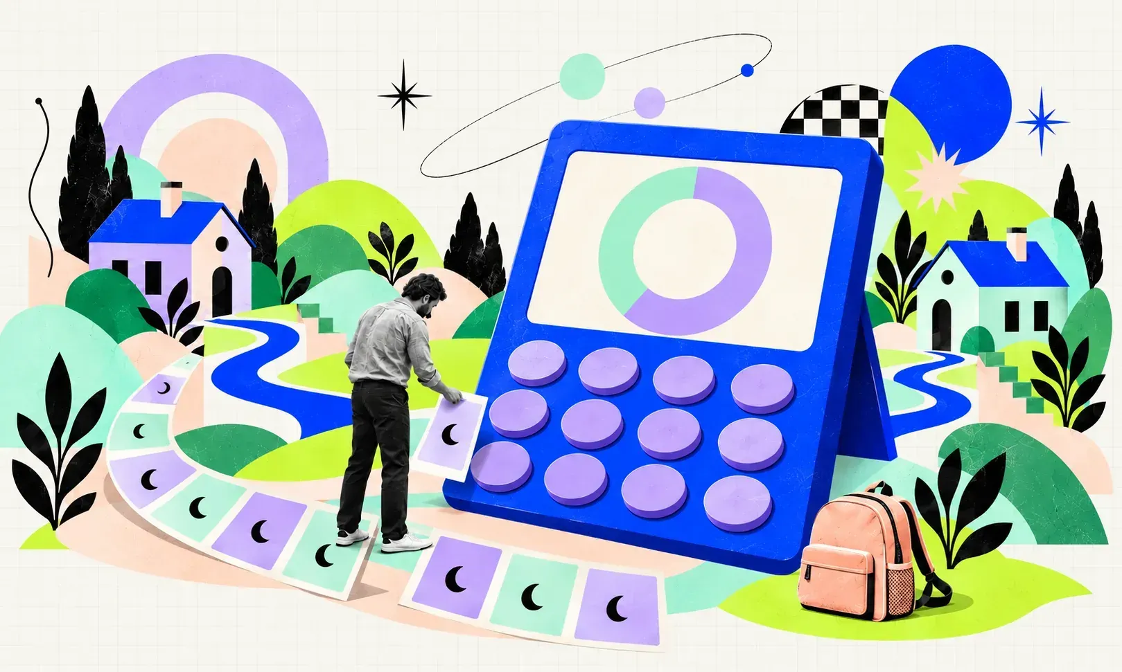 A parent arranges night cards beside an oversized cobalt calculator showing two shares of care, with two homes and a school backpack nearby.