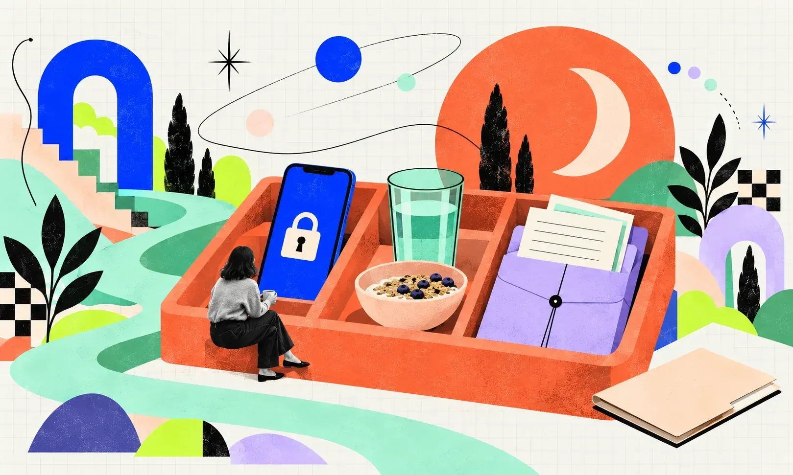 A small seated woman beside an oversized coral essentials tray holding a phone showing a padlock, a glass of water, a bowl of breakfast and a document wallet.