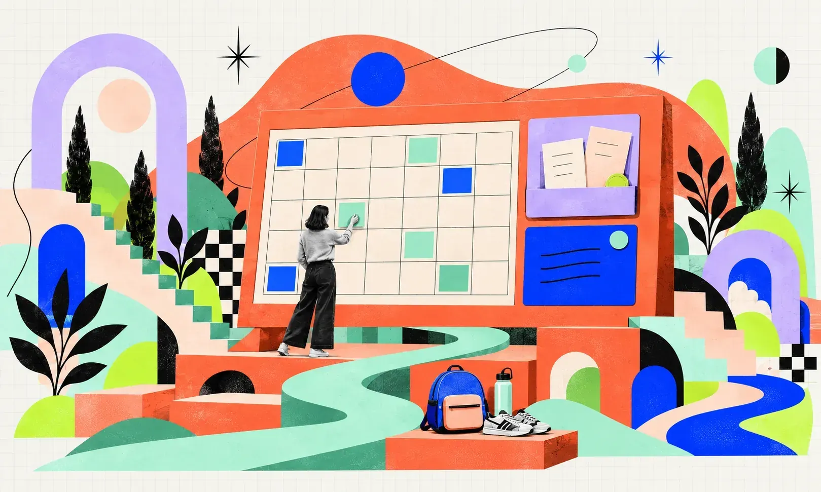 A small woman fills in an oversized coral household planning board with a family calendar and notes, with a school backpack and water bottle on the steps below.