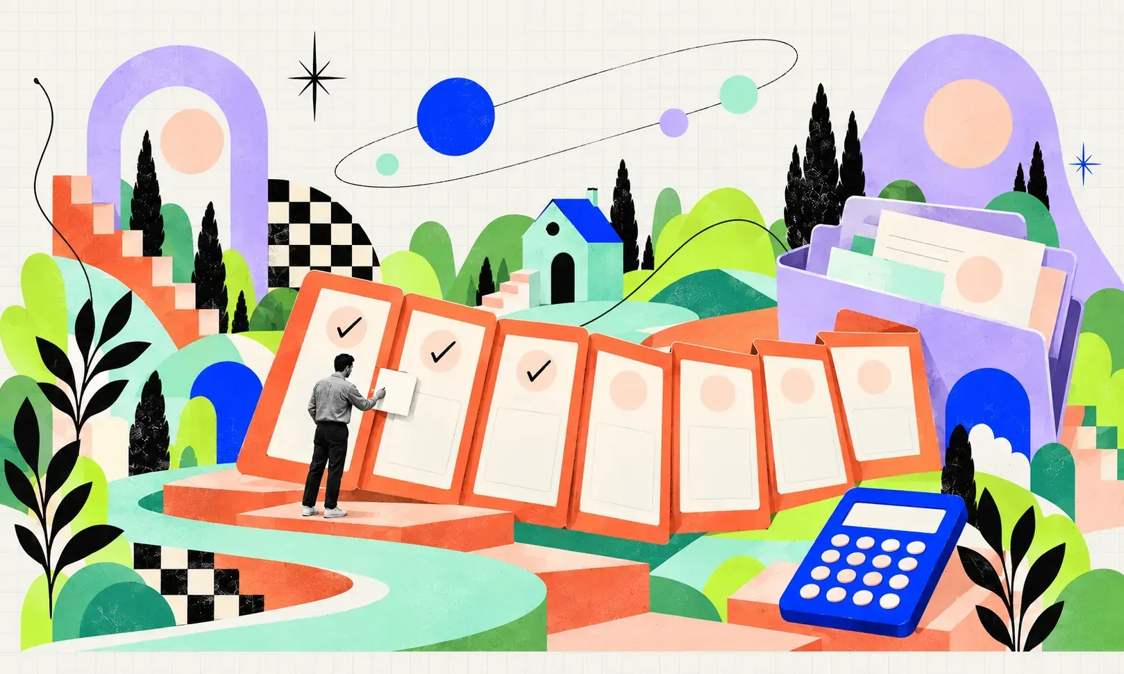 A small man works along an oversized coral seven-day planner with three days ticked, beside a document folder and a calculator.