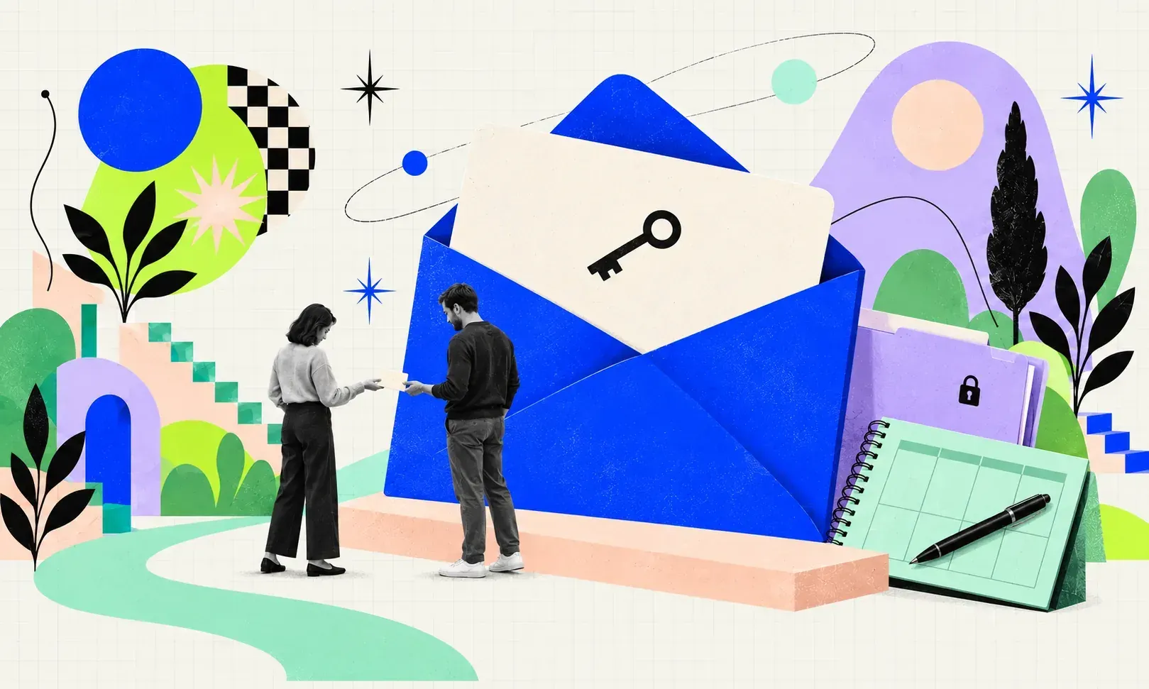 Two people exchange a gift card beside an oversized cobalt envelope, with a key symbol, a private records folder and a weekly planner.