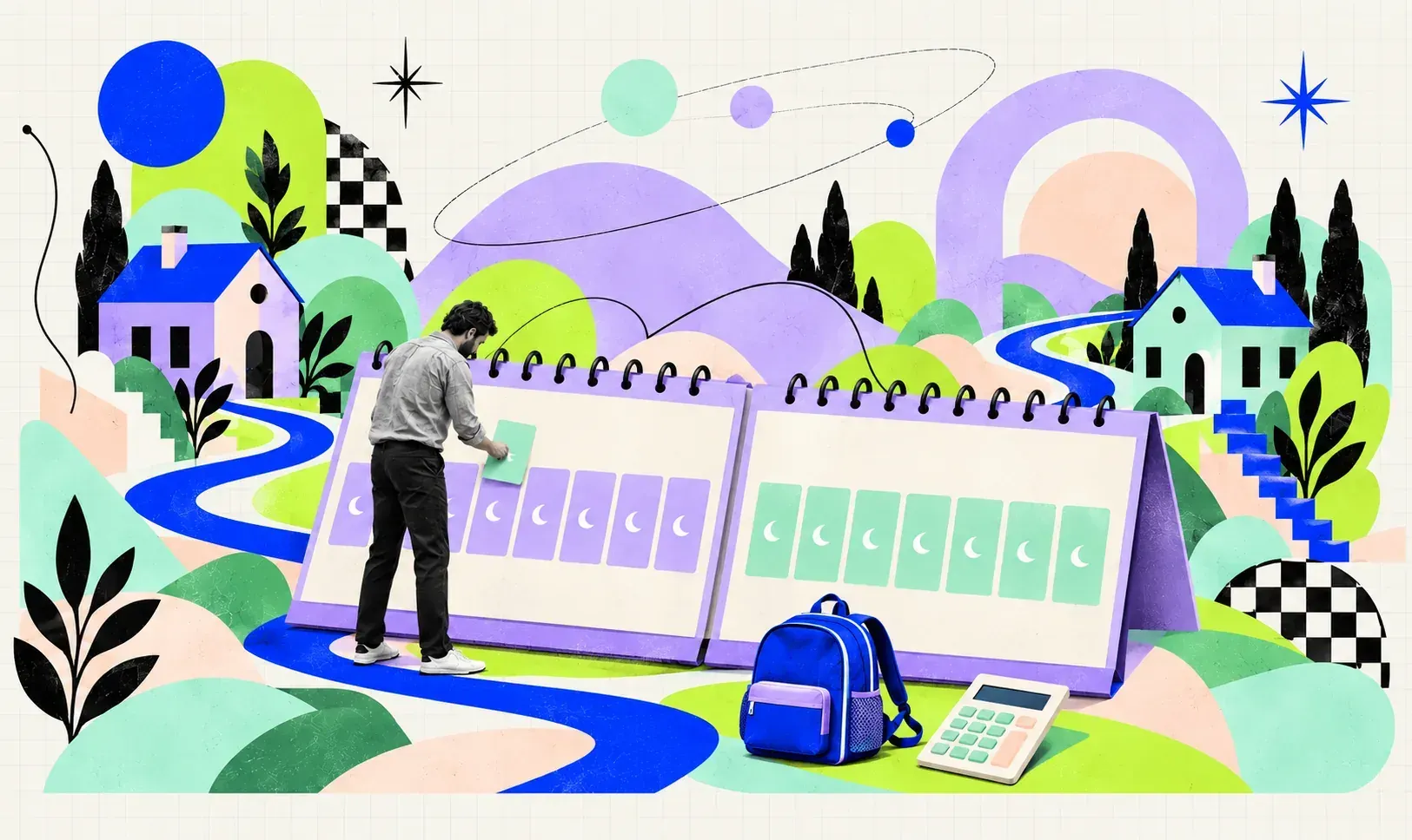 A parent arranges nights on a lilac fortnight planner between two homes, with a school backpack and calculator nearby.