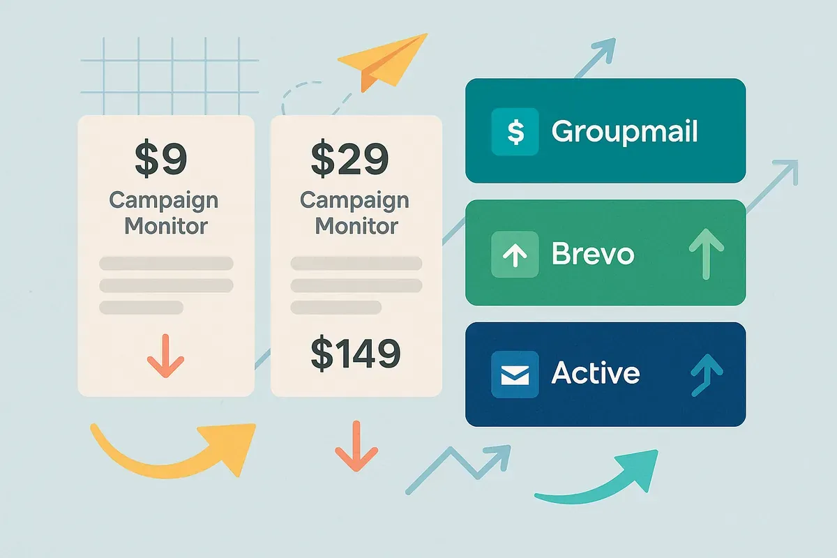 Editorial collage of pricing panels with arrows, grids, and paper plane icons — representing Campaign Monitor pricing comparison against alternatives in 2025