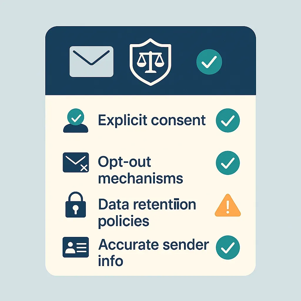 Checklist graphic with green checkmarks, orange warning icon, legal shield, and email symbols — representing GDPR and CAN-SPAM compliance requirements for email marketing