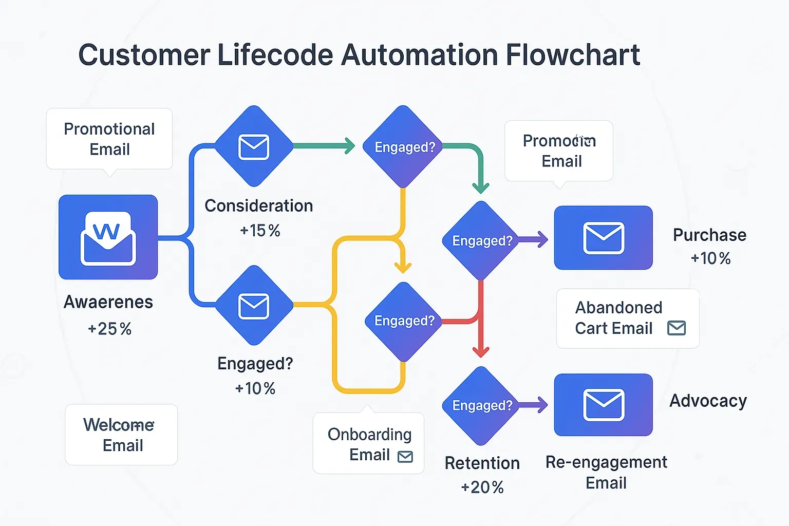 Customer lifecycle automation flowchart showing six stages with engagement-based branching paths and conversion rate indicators