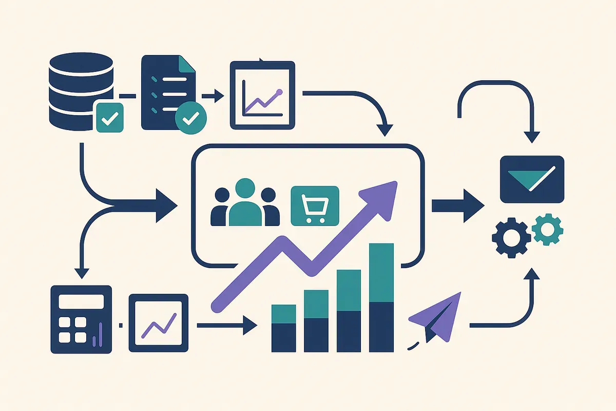 Flowchart with icons showing data collection, customer segments, and targeted campaign delivery connected by arrows — representing customer segmentation process 2025