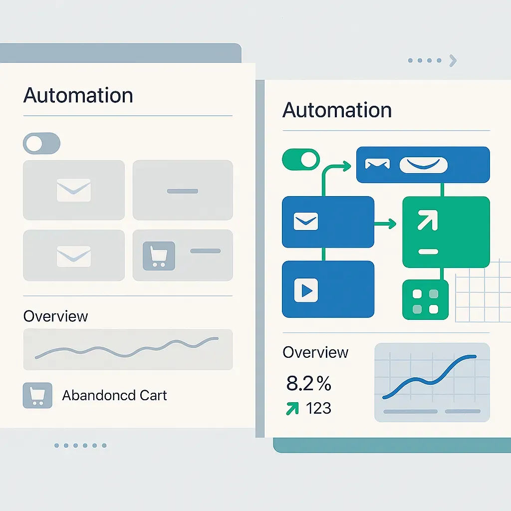 Editorial collage of e-commerce automation dashboards with icons, arrows, and performance graphs — representing advanced email marketing capabilities comparison