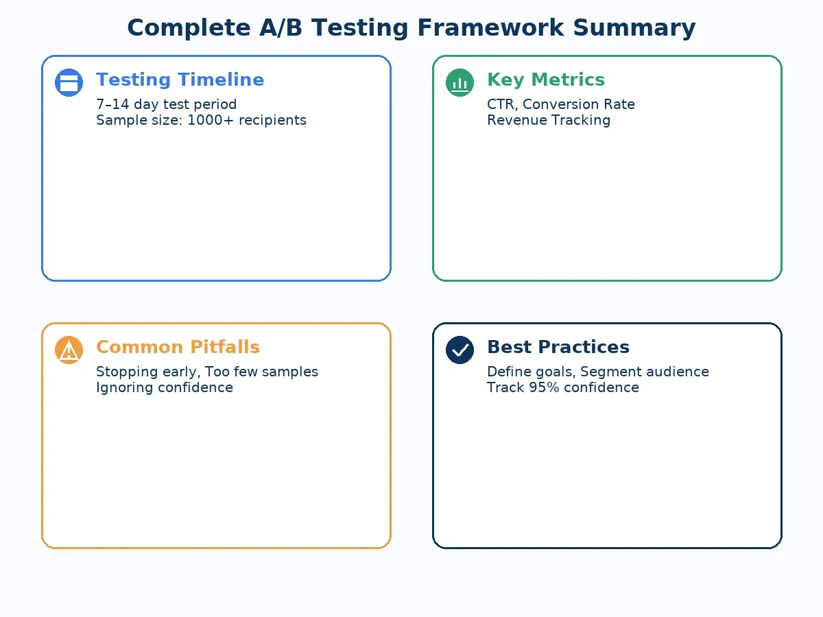Editorial framework summary with four quadrants — testing timeline, key metrics, pitfalls, and best practices — representing comprehensive email A/B testing best practices and implementation guide
