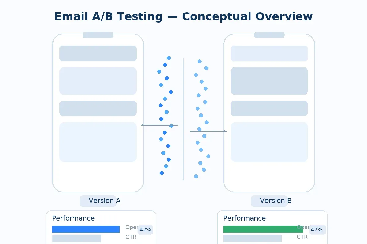 Editorial collage of split email testing with two phone UI mockups labelled Version A and Version B, a divided audience flow, and performance metrics bars — representing systematic A/B testing for email