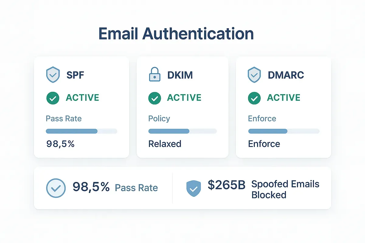 Editorial collage of a light email authentication dashboard with SPF, DKIM, and DMARC status indicators — representing enterprise email security monitoring interface