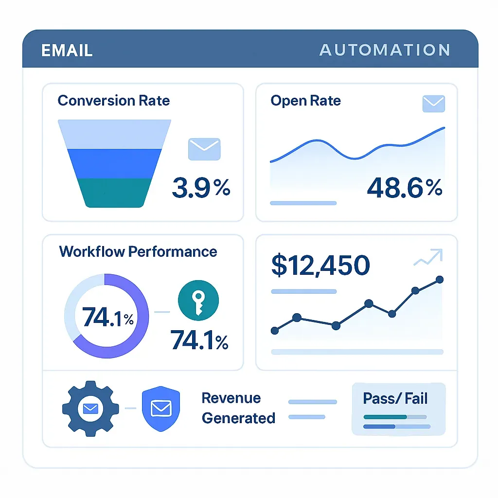 Editorial collage of performance charts, workflow optimisation graphs, conversion funnel and revenue attribution — representing comprehensive email automation measurement strategies