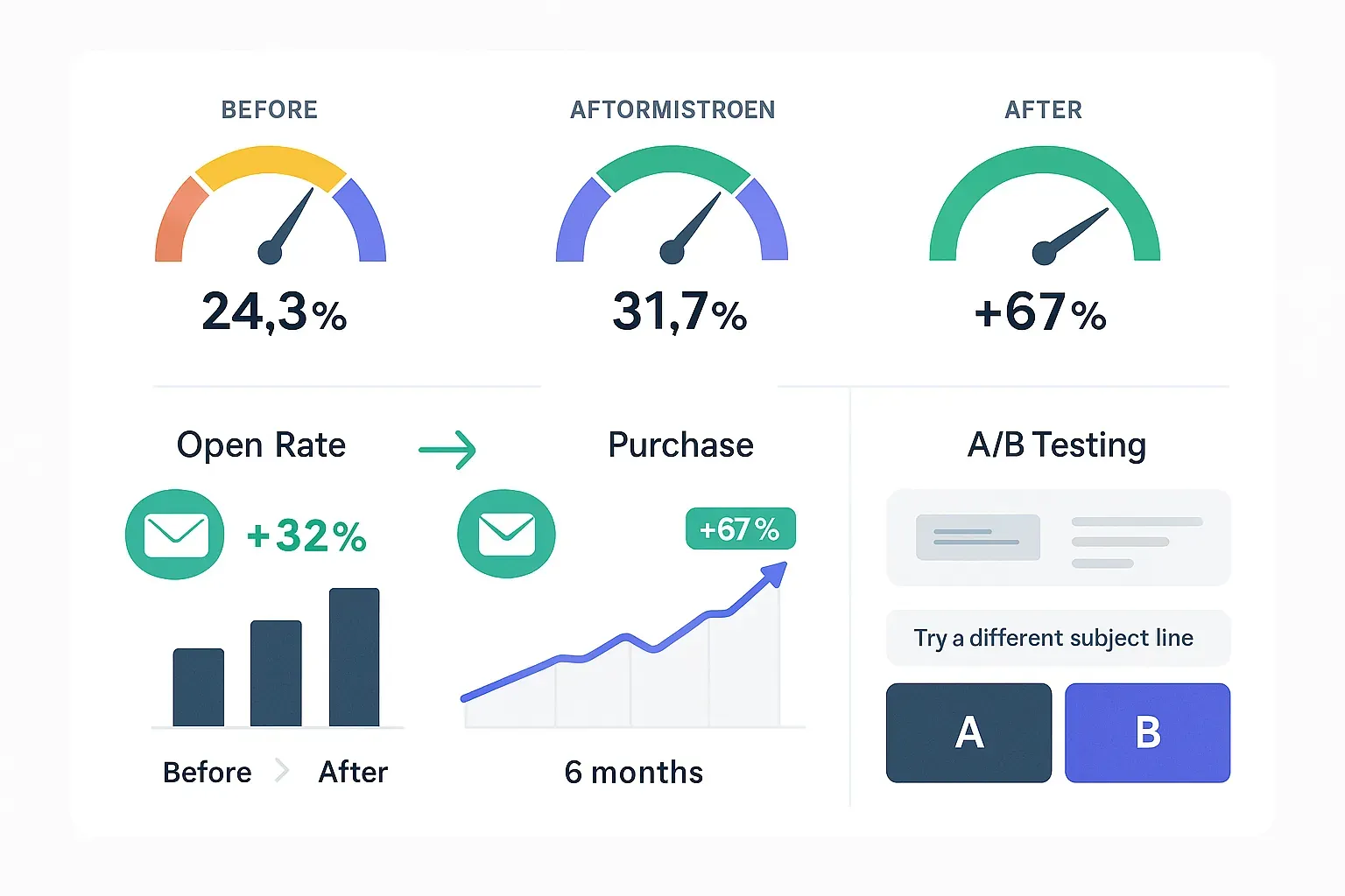 Email automation performance optimization dashboard showing before and after metrics with improvement indicators and trend analysis