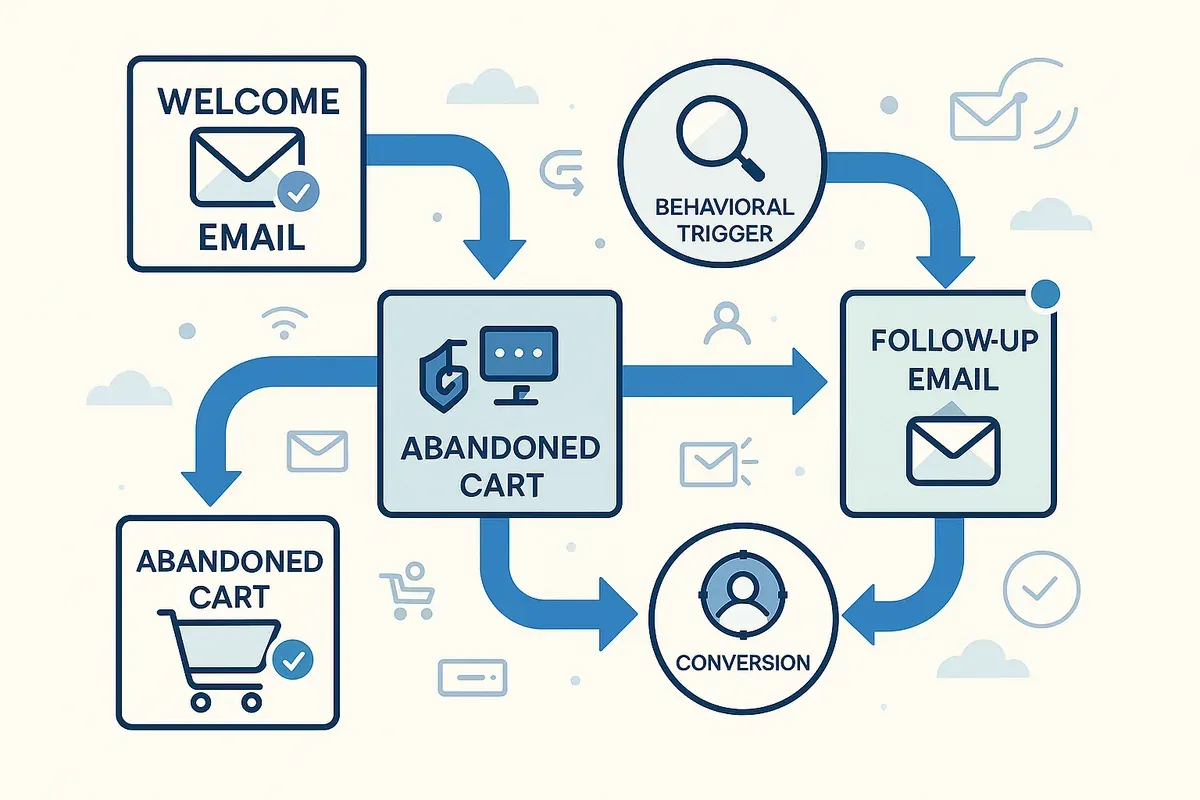 Editorial collage of interconnected workflow icons, behavioural triggers, abandoned cart recovery and conversion endpoints — representing the comprehensive nature of email automation strategies
