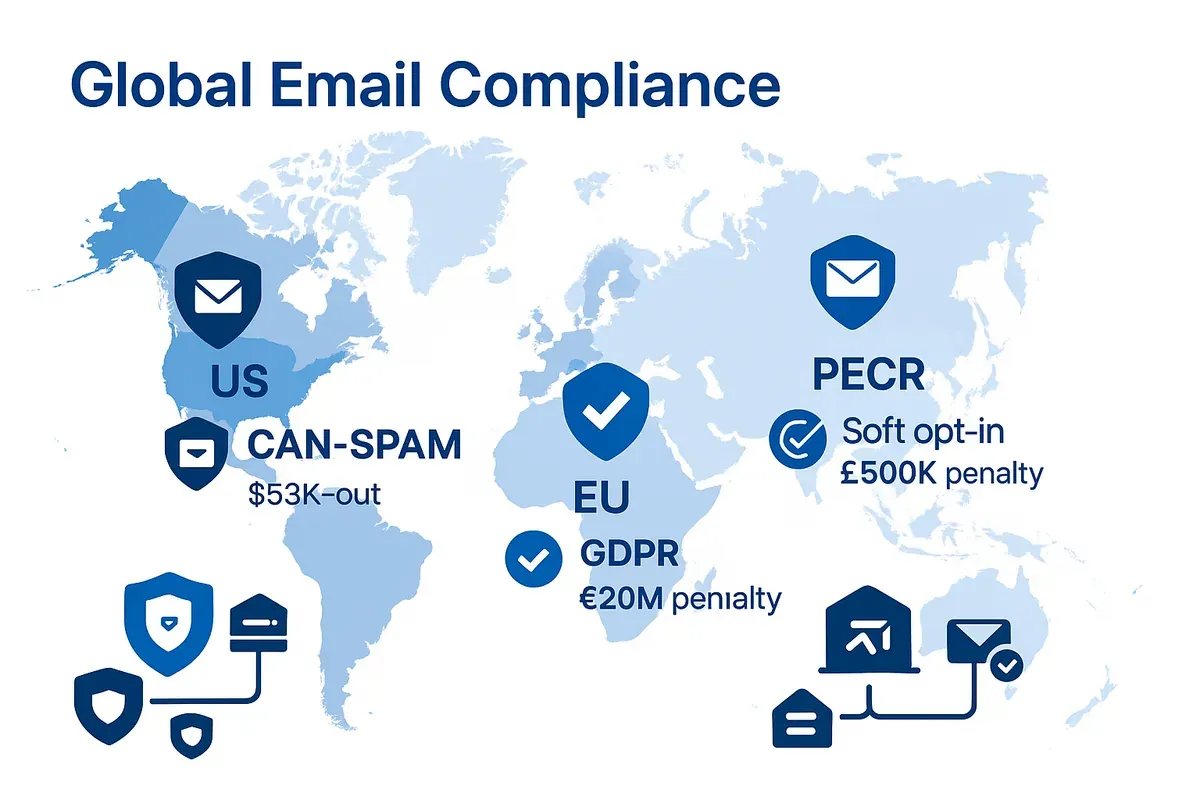 Editorial collage of world map with US (CAN-SPAM, opt-out, $53K), EU (GDPR, consent, €20M) and UK (PECR, soft opt-in, £500K) highlighted with compliance, email and warning icons