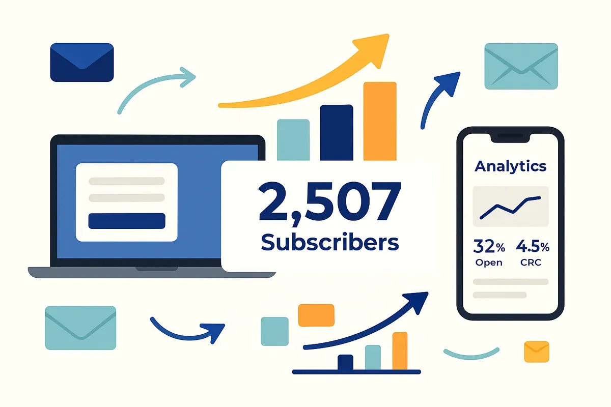 Editorial collage of laptops, email subscription forms, subscriber count graphics, and engagement metrics icons — representing modern email marketing success