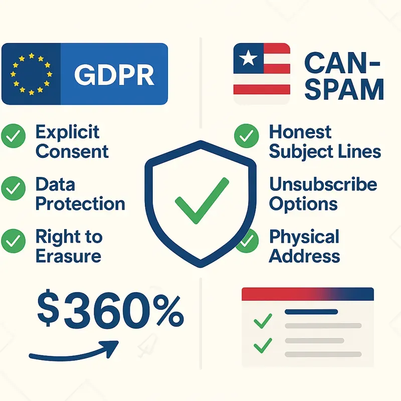 Email marketing compliance checklist showing GDPR and CAN-SPAM requirements for small businesses