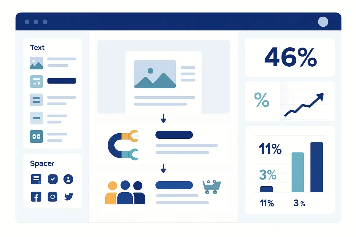Editorial collage of an email marketing dashboard with drag-and-drop editor and expanded analytics panels — representing modern email marketing platform capabilities.