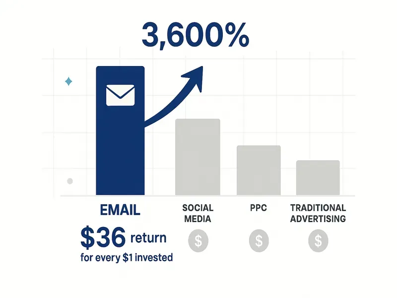 Email marketing ROI chart showing 3,600% return compared to other marketing channels