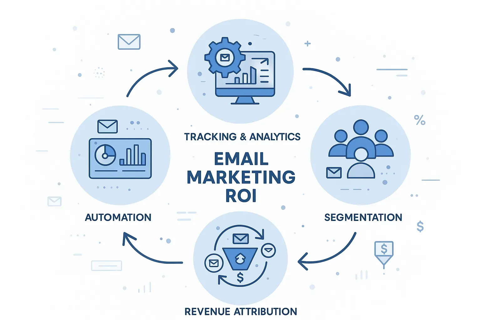 Editorial collage of email ROI tracking icons with automation gears and revenue attribution symbols — representing the complete email marketing ROI optimization system.