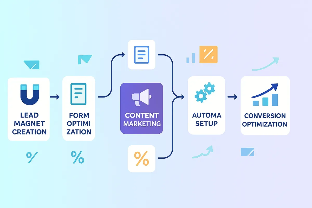 Flowchart visualization showing email list building strategy progression from lead magnet creation through automation setup to conversion optimization — representing comprehensive email marketing framework