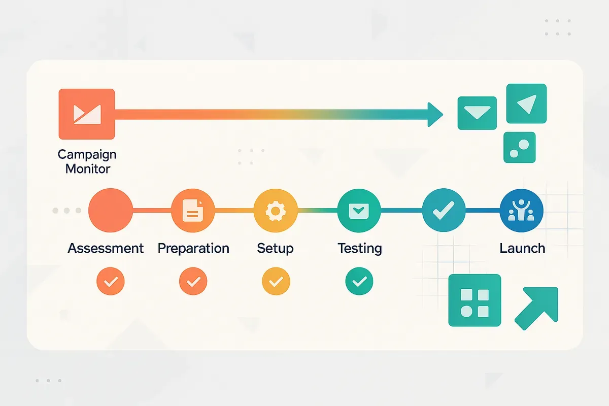 Editorial collage of migration timeline phases and business transition elements with progress indicators — representing email platform migration strategy