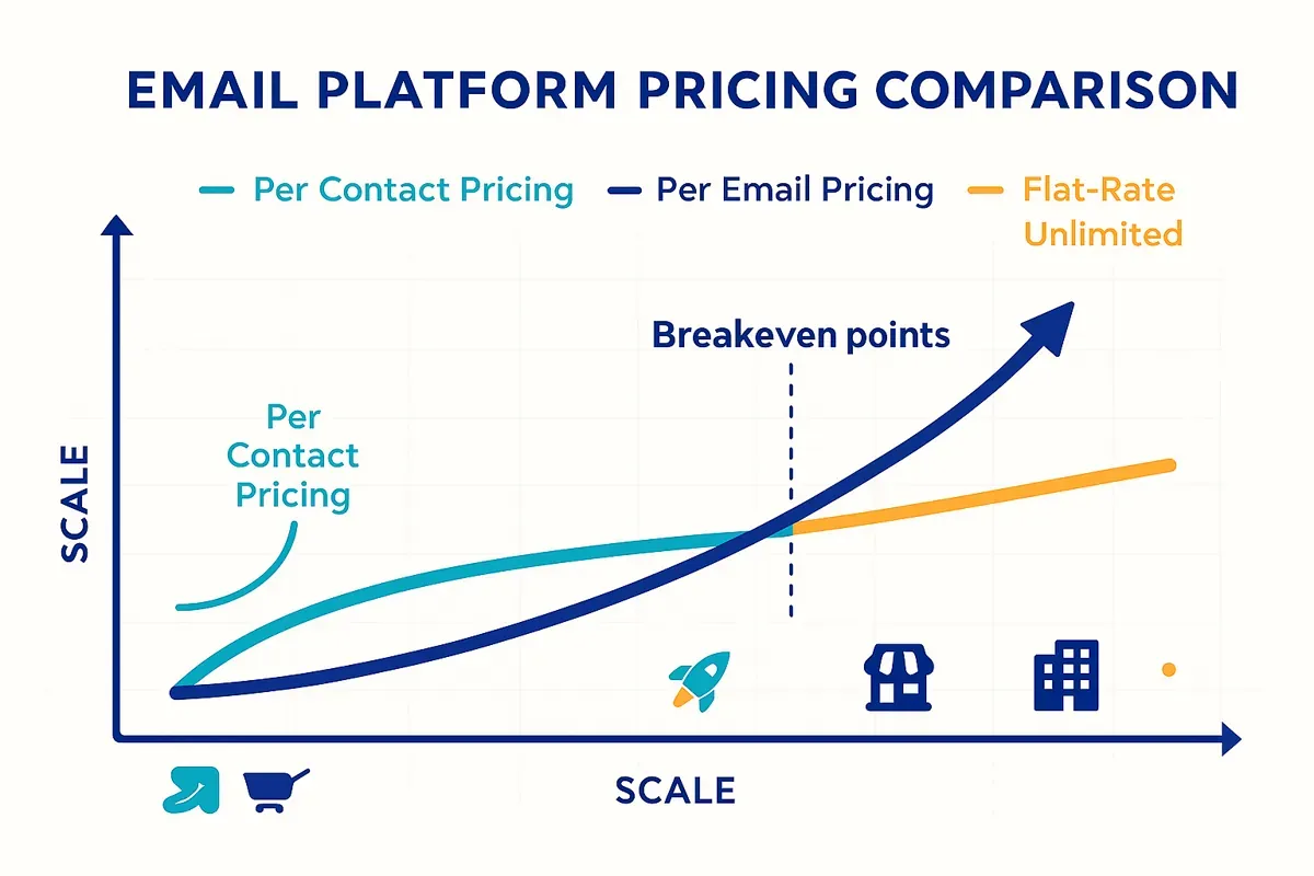 Editorial pricing comparison chart displaying various email marketing platform cost structures and scalability metrics — representing platform selection considerations