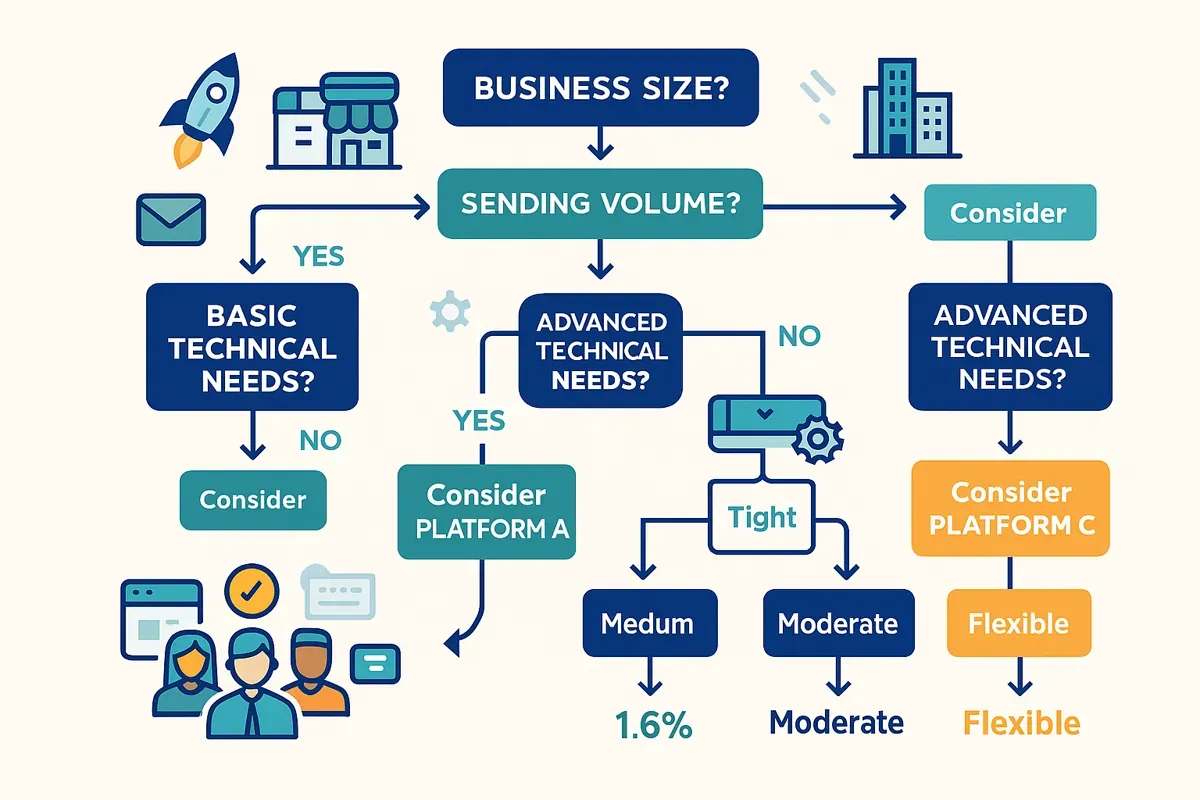 Editorial decision flowchart displaying email marketing platform selection criteria and recommendations — representing strategic platform choice methodology