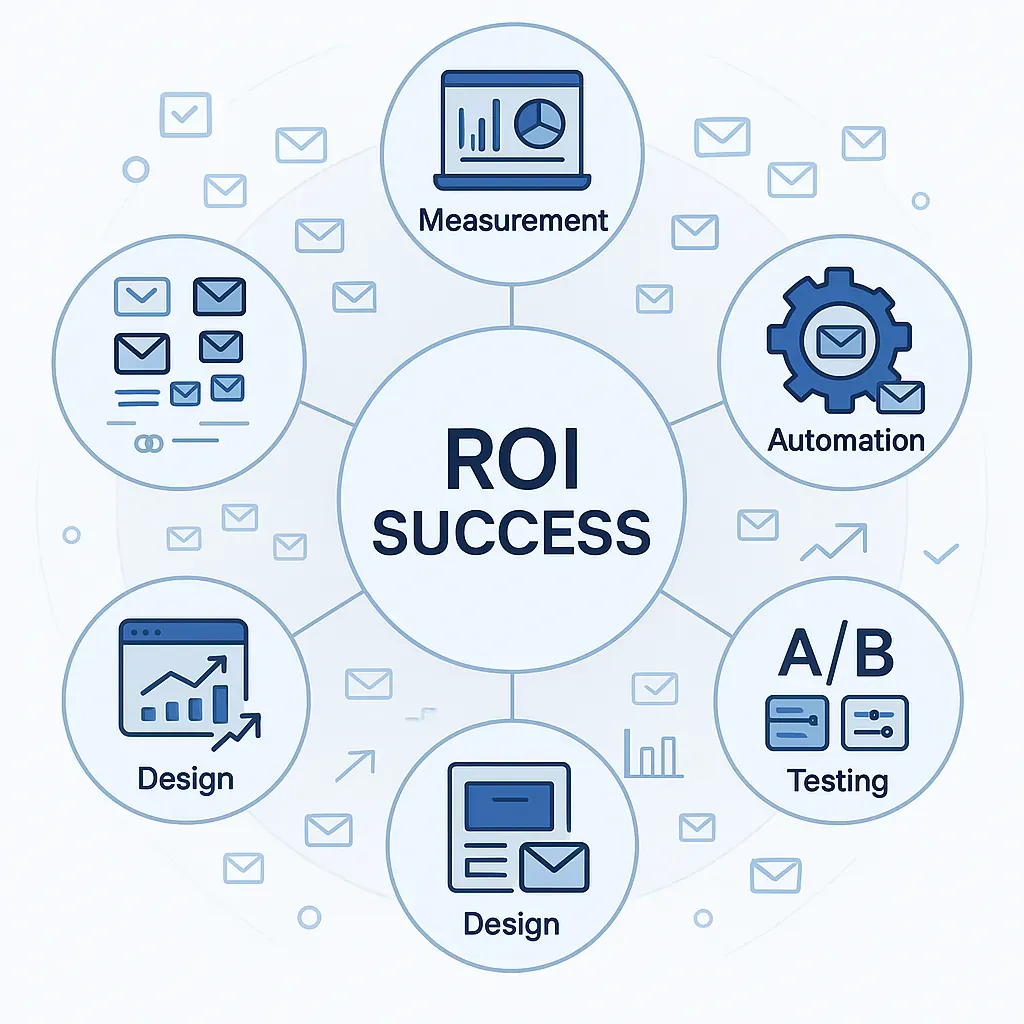 Editorial collage of email marketing optimization tools with measurement dashboards and automation platforms — representing the comprehensive approach to email marketing ROI success.