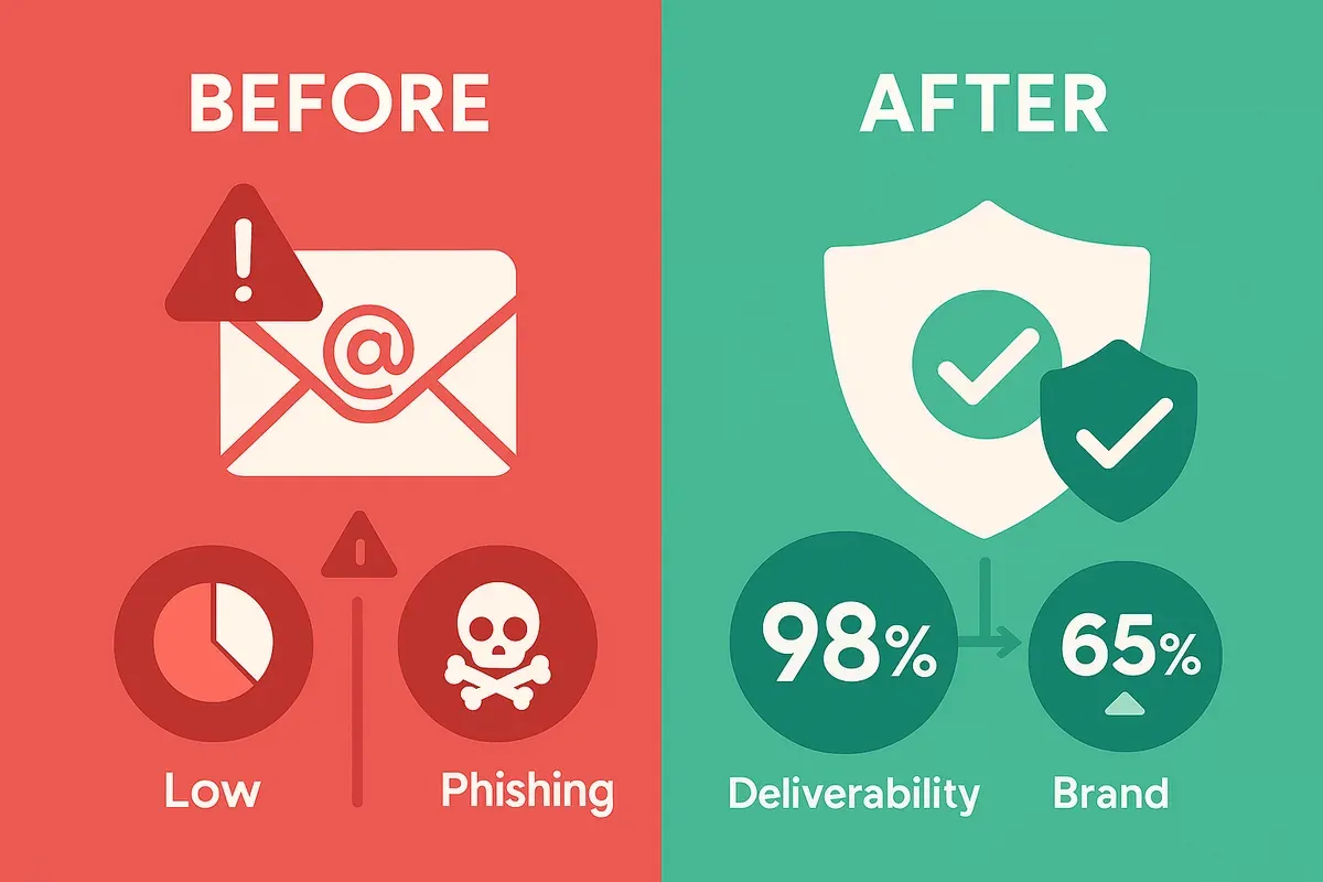 Editorial collage comparing email security before and after authentication: red warning side with spoofing/phishing vs green protected side with shields, 98% deliverability and 65% fewer spoofed emails